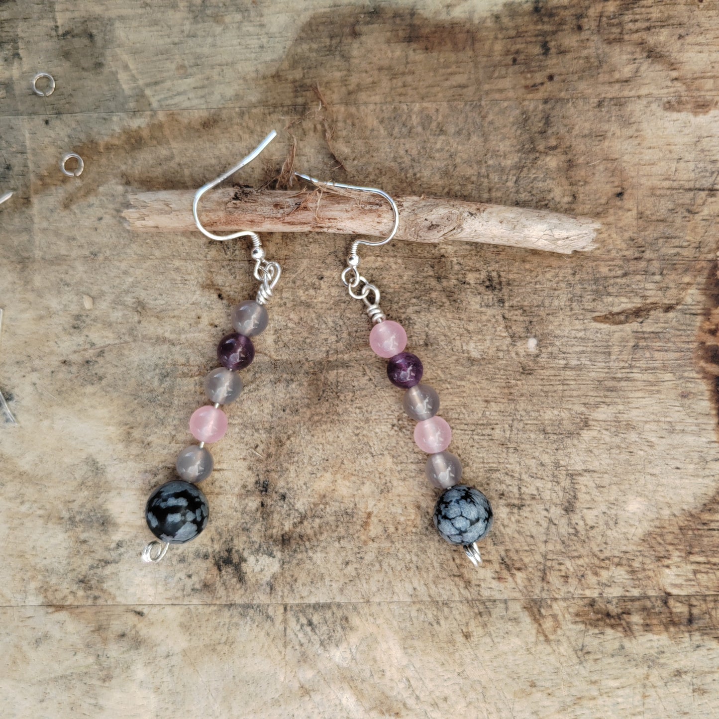 Rutilated Quartz, amethyst, rose quartz drop earrings