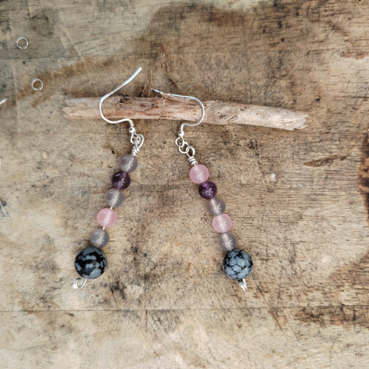 Rutilated Quartz, amethyst, rose quartz drop earrings
