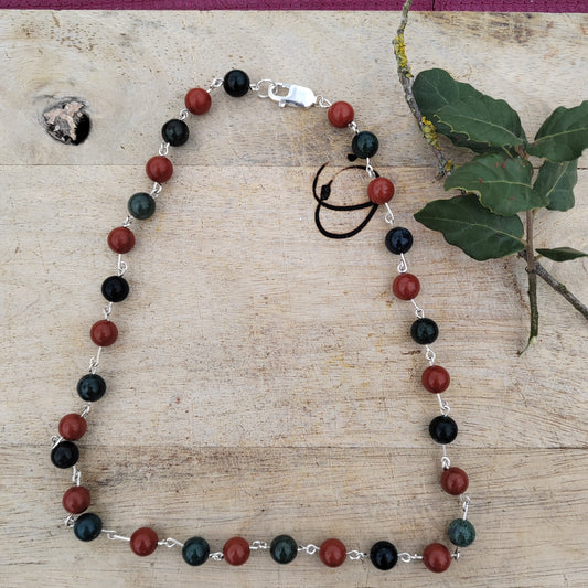 Martha Red Jasper, Onyx and Moss Agate Sterling Silver Necklace