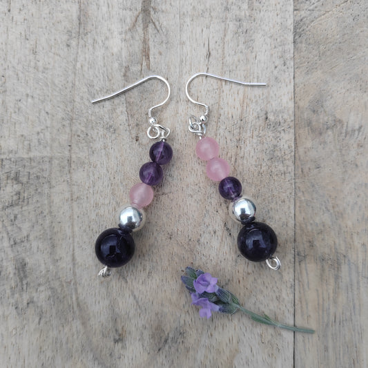 Amethyst, rose quartz and silver earrings