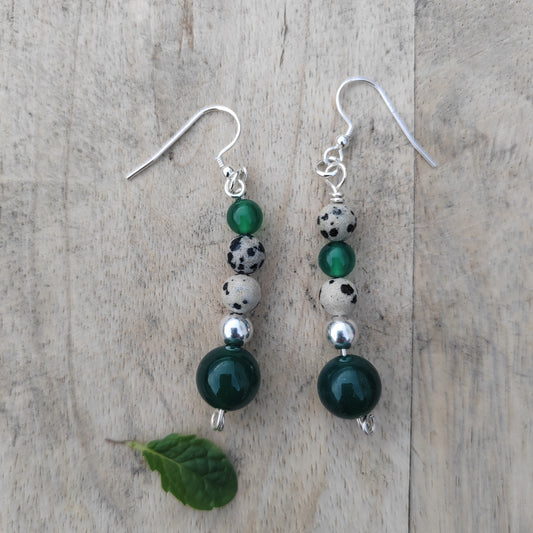 Green agate and Dalmatian drop earrings