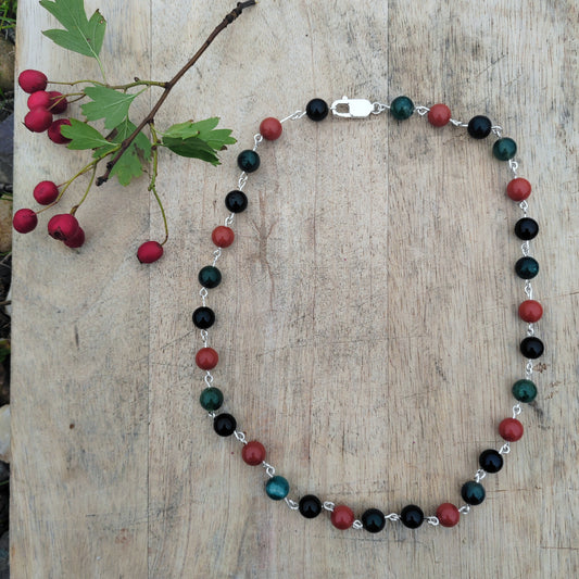 Mary Red Jasper, Onyx and Moss Agate Sterling Silver Necklace