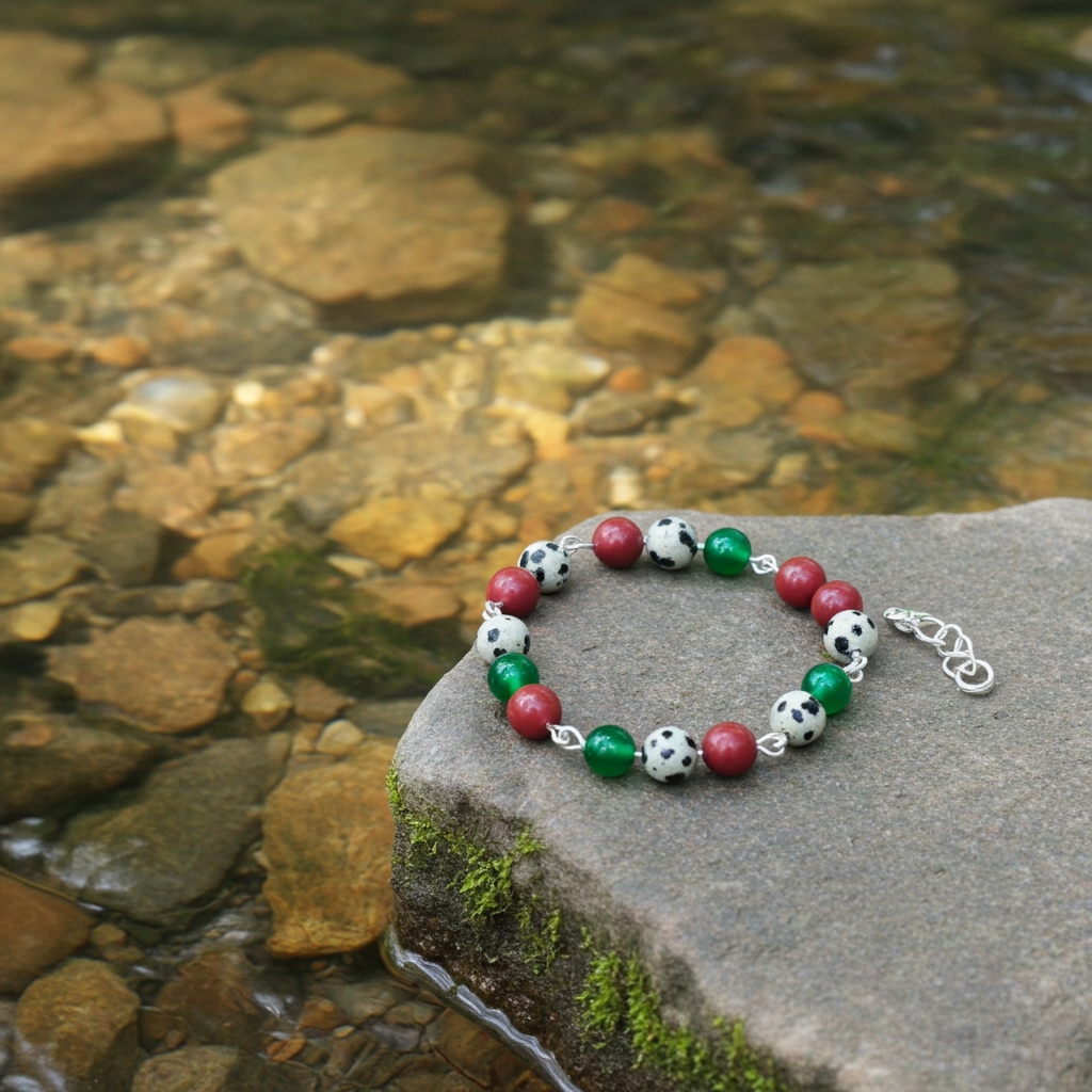 "Candied papaya" Dalmatian Jasper, Red Jasper and Green Aventurine Sterling Silver Bracelet