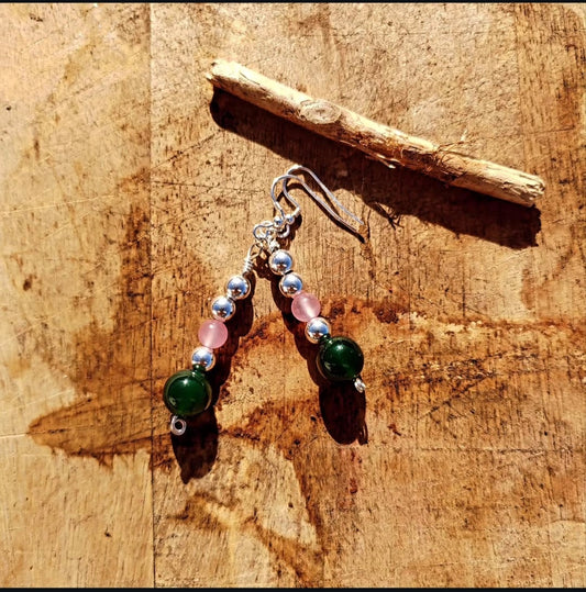 Moss Agate, rose quartz and sterling silver drop earrings