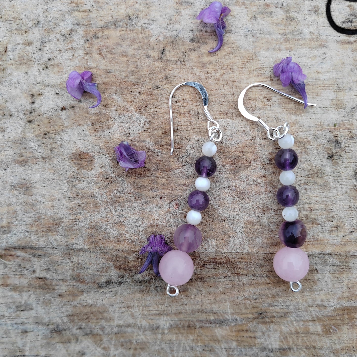 "Sugar Plum" rose quartz, amethyst and mother of pearl drop earrings
