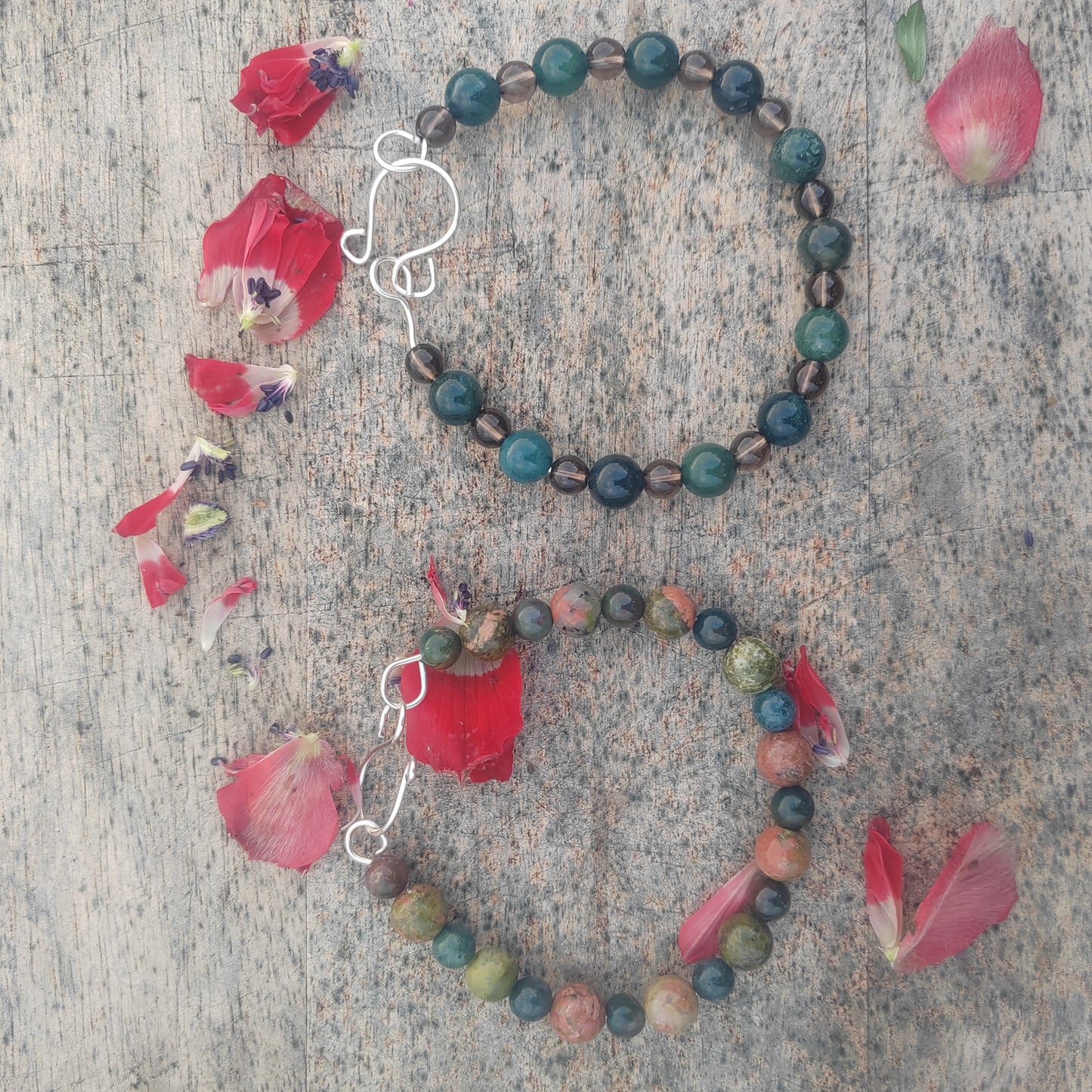 Unakite and moss agate bangle bracelet