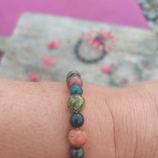 Unakite and moss agate bangle bracelet