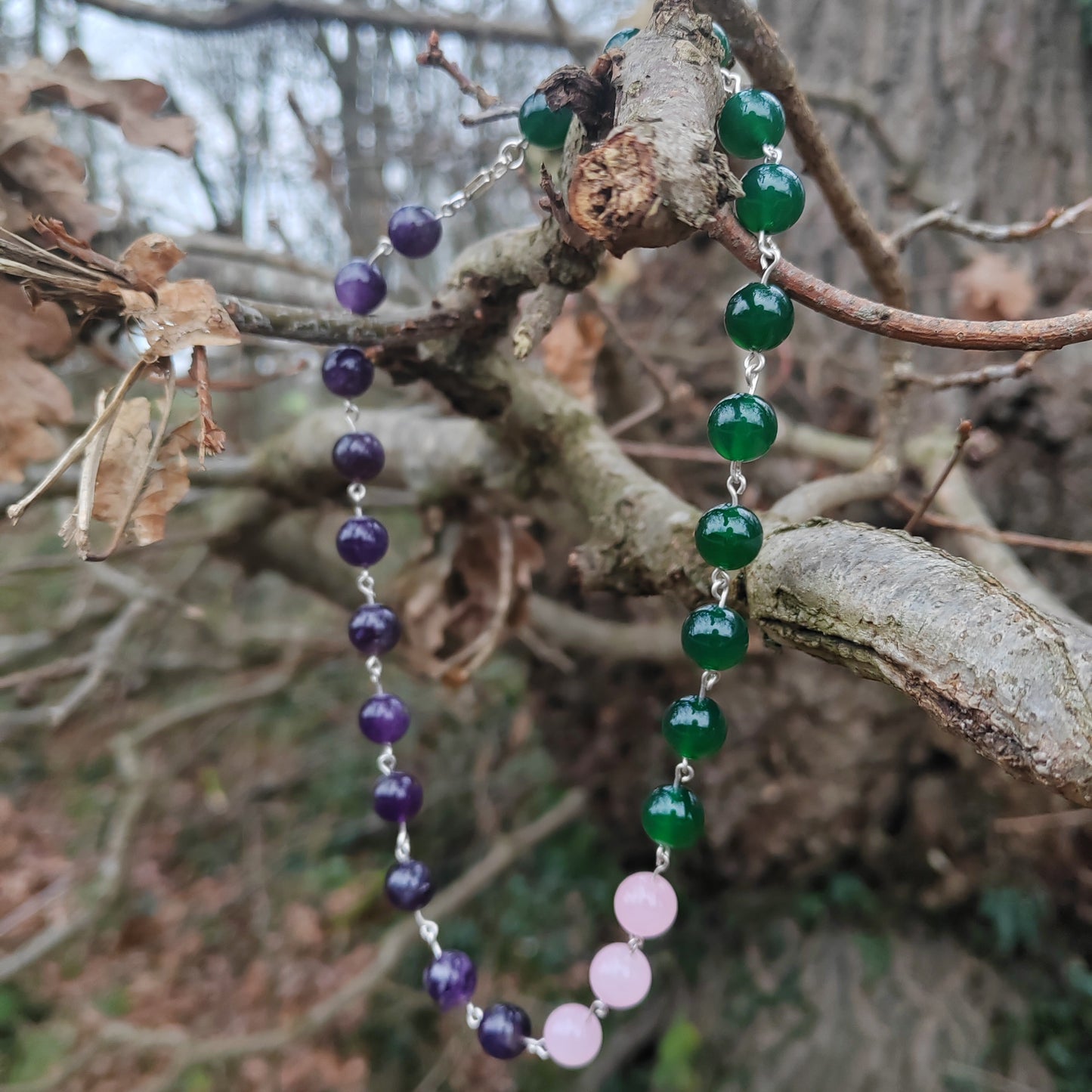 'I'm Every Woman' Amethyst, green agate and rose quartz necklace