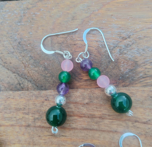 "Dusk on the Lake" Green jade, amethyst, rose quartz sterling silver drop earrings