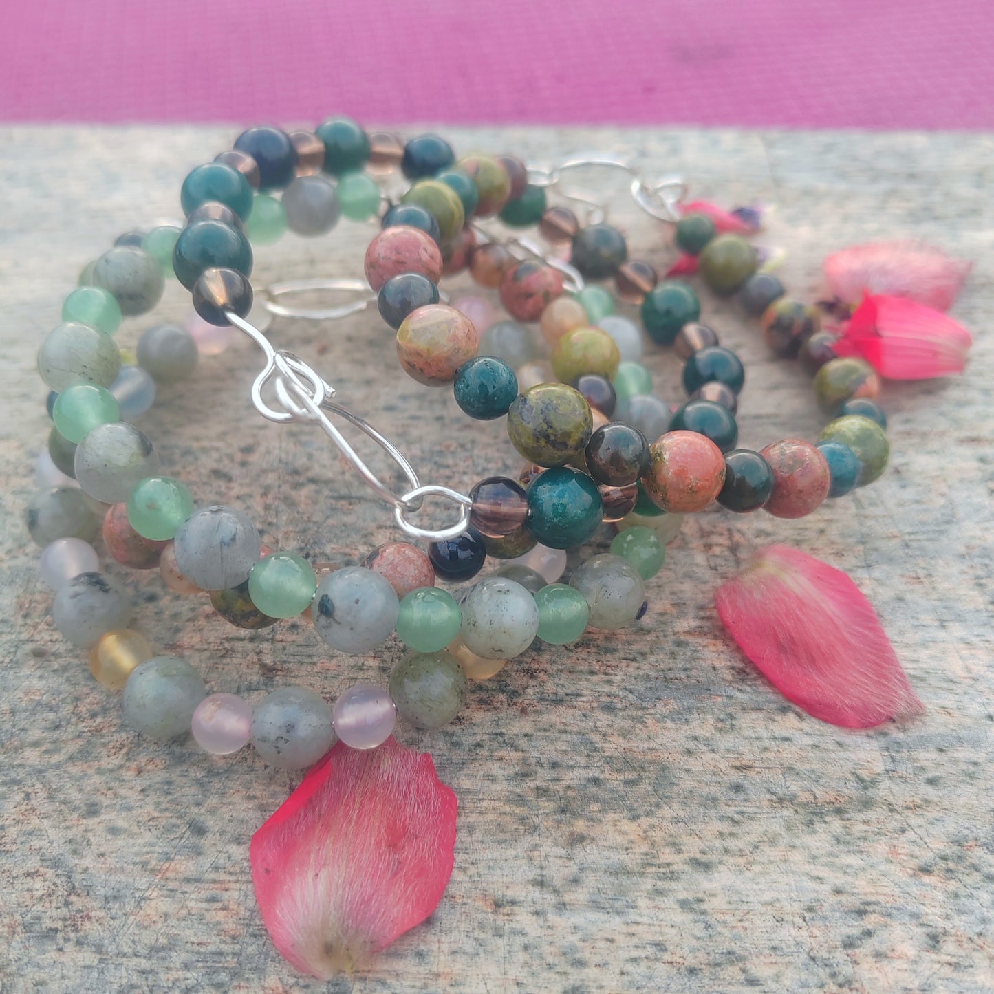 Unakite and moss agate bangle bracelet