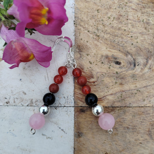 "I breathe fire" rose quartz, onyx and carnelian sterling silver drop earrings