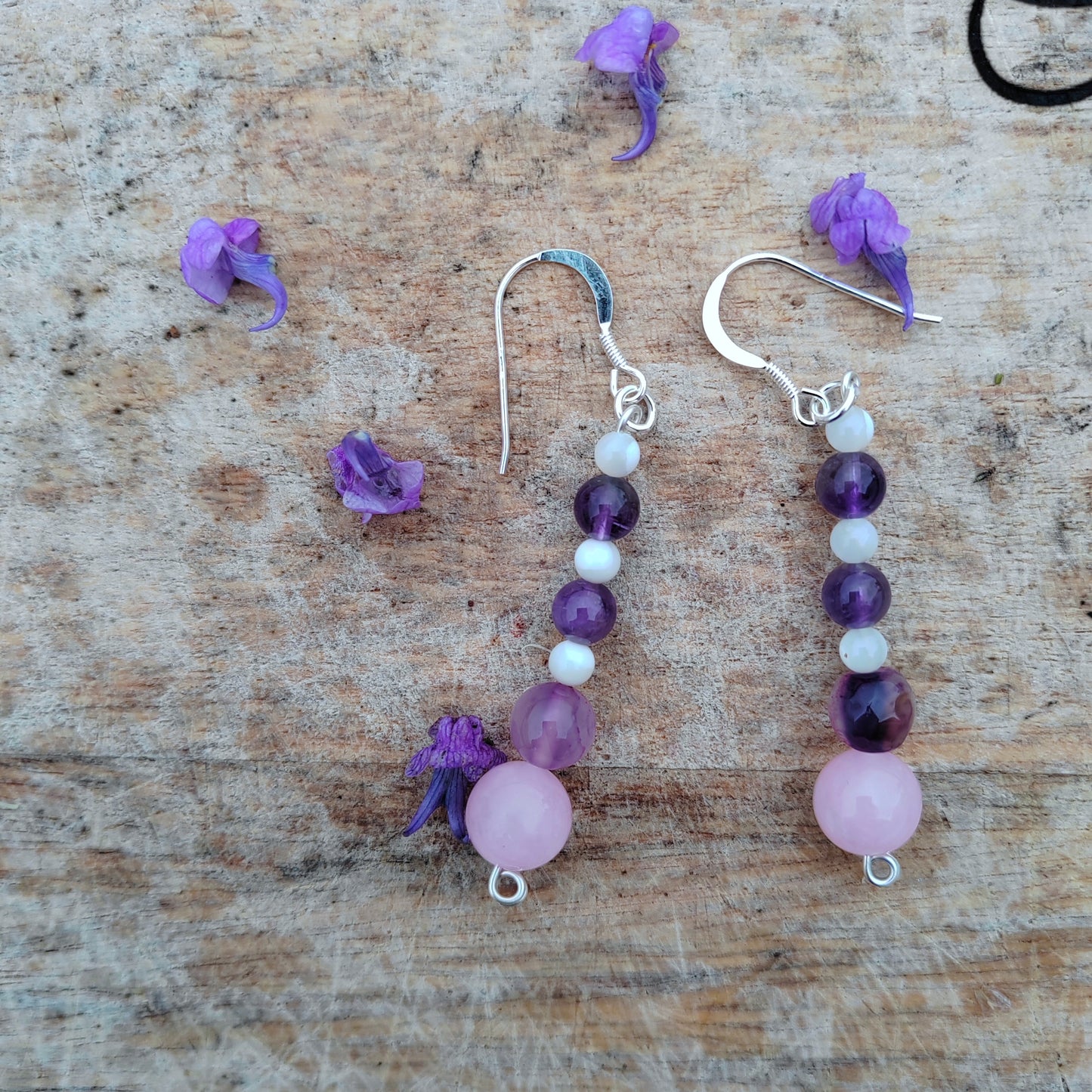 "Sugar Plum" rose quartz, amethyst and mother of pearl drop earrings
