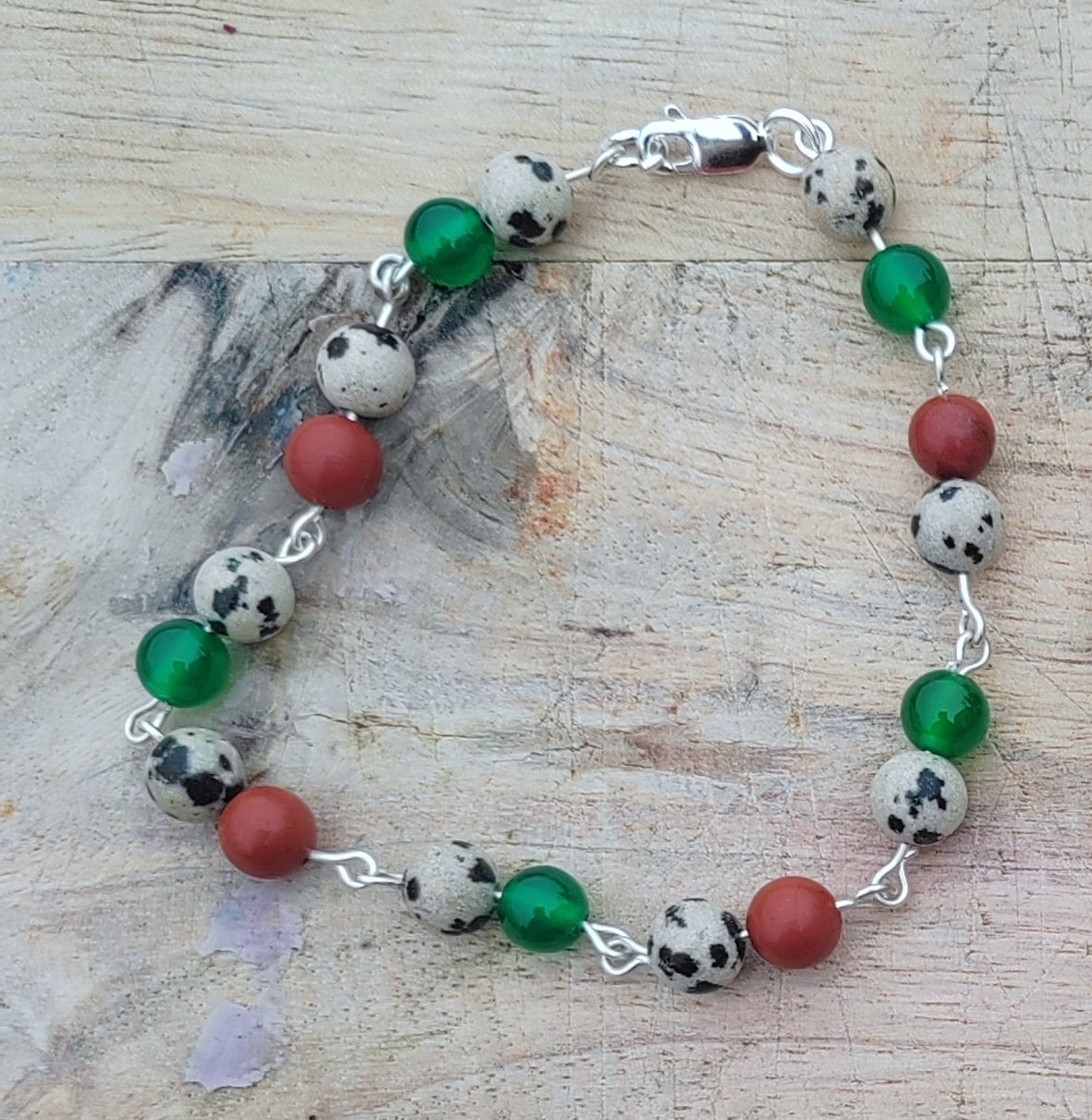 "Candied papaya" Dalmatian Jasper, Red Jasper and Green Aventurine Sterling Silver Bracelet