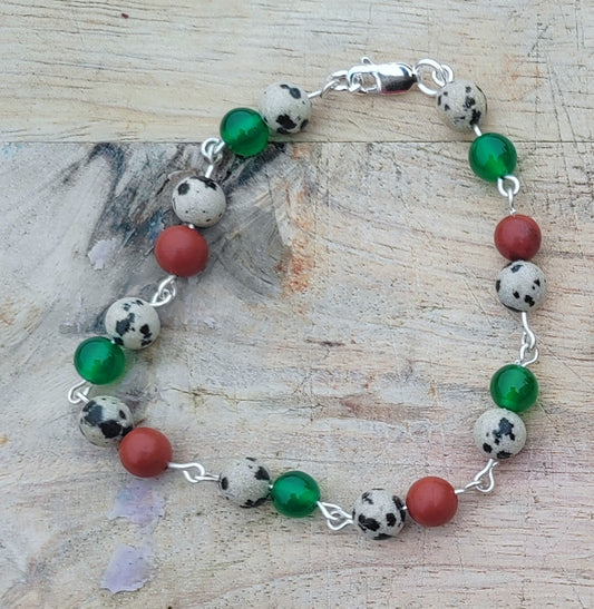 "Candied papaya" Dalmatian Jasper, Red Jasper and Green Aventurine Sterling Silver Bracelet