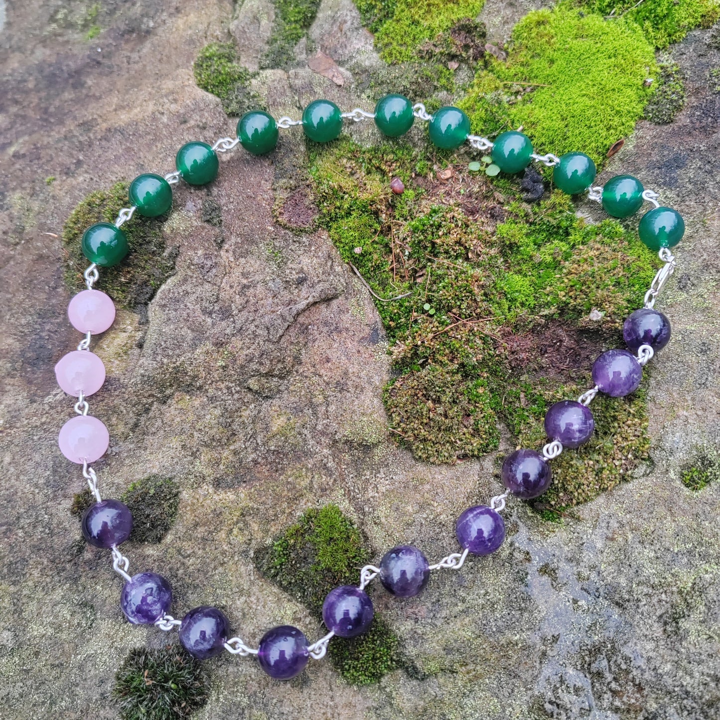 'I'm Every Woman' Amethyst, green agate and rose quartz necklace
