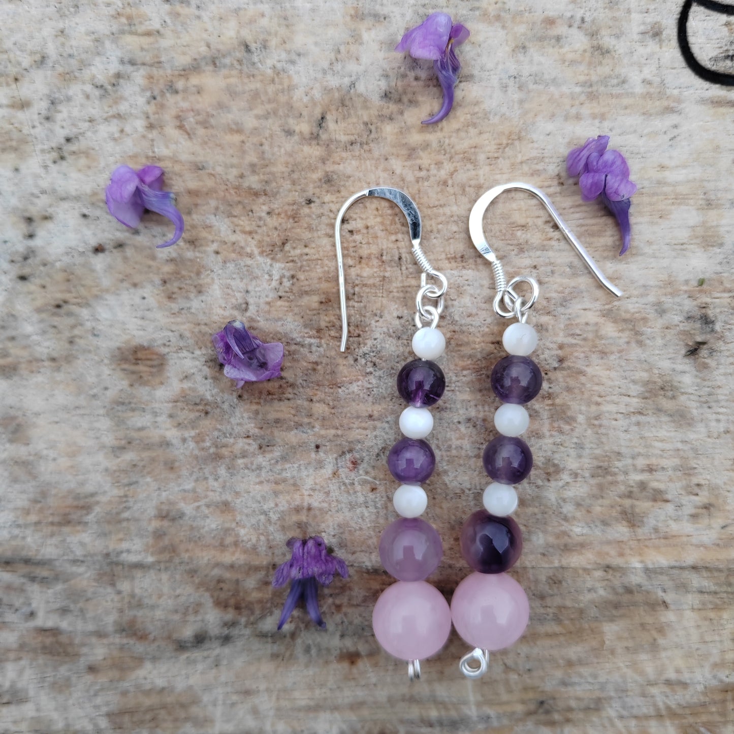 "Sugar Plum" rose quartz, amethyst and mother of pearl drop earrings